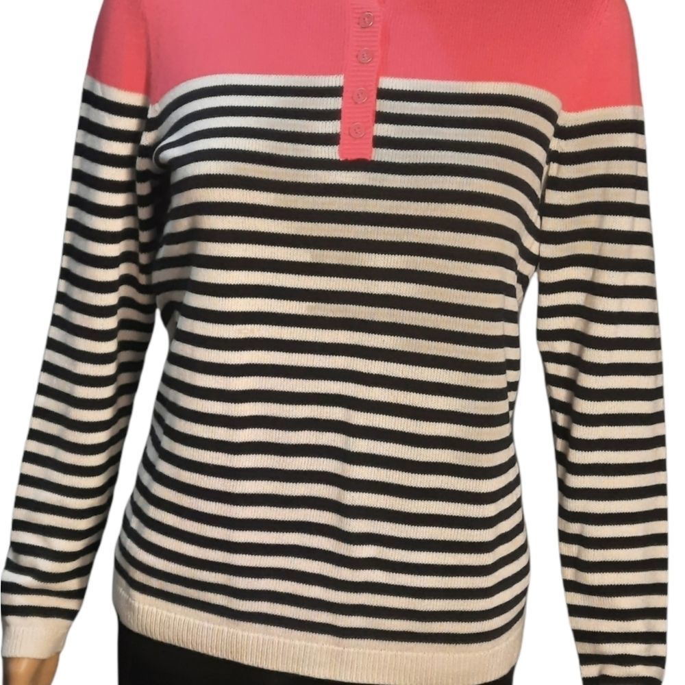 Talbot Sweater Color Block Henley Stripes Pink Black White Womens Size M Petite